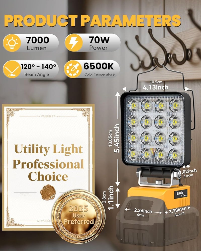 Ecarke 2 PCS Cordless LED Work Light Compatible with DeWALT 20V: 70W 7000LM Flashlight with USB & Type-C Charging Output Port, Portable Battery Flood Light for Job Site, Camping, Battery Not Included - Image 2